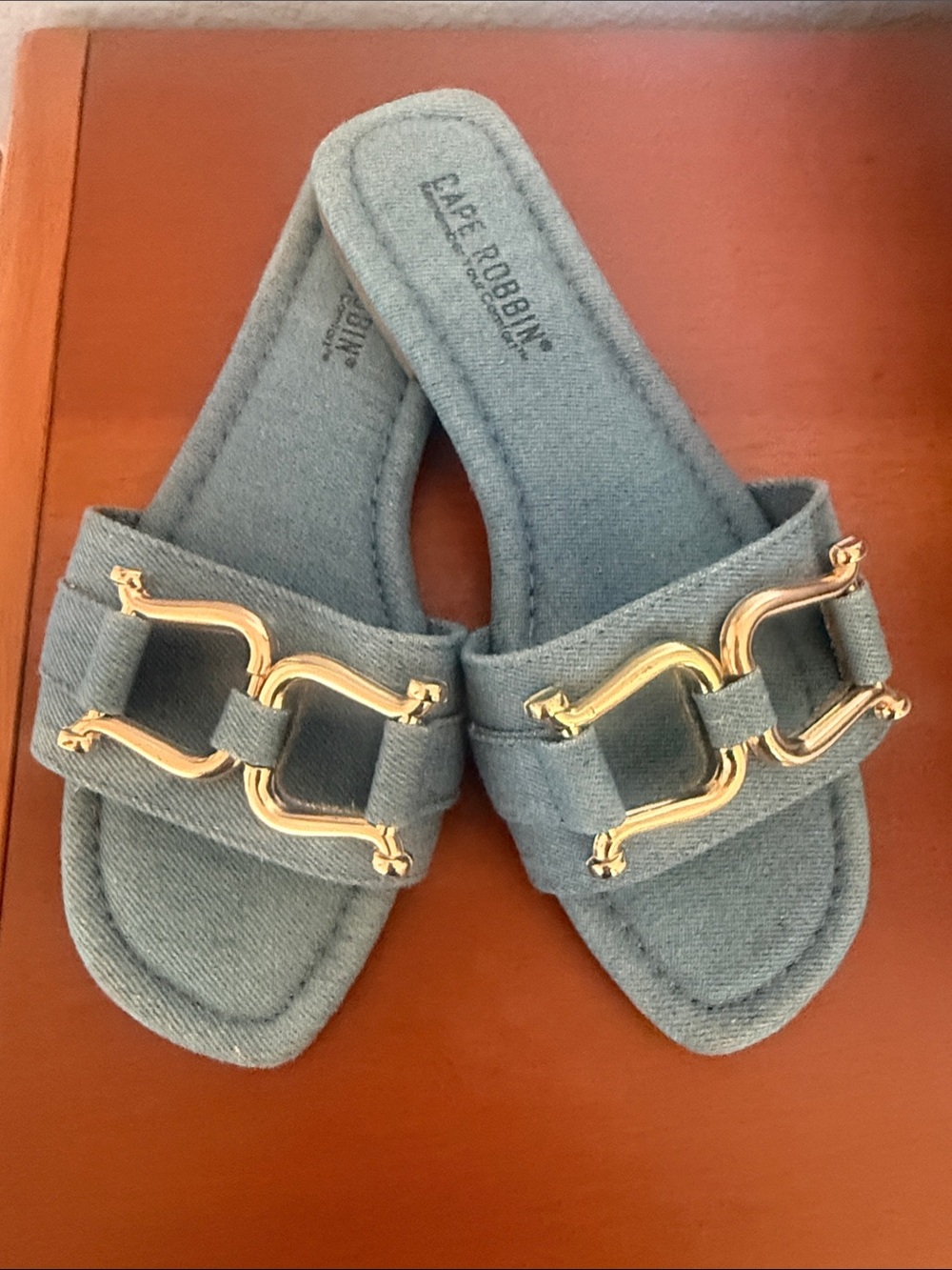 Blue Denim sandals with gold metal.